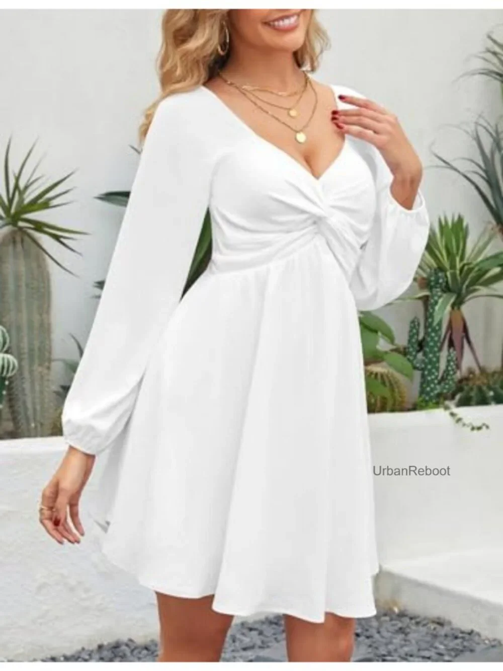 Floral Knot Front Mini Dress with Long Sleeves and Smocked Back